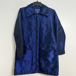 Guess Women's Dark Blue Shiny Long Winter Jacket Size Small Missing Belt